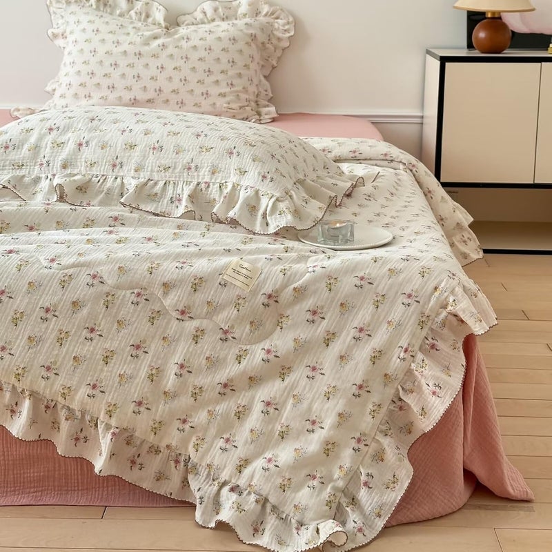BuLuTu Muslin Kids Comforter with Ruffles 59"x79", Shabby Chic Azalea Floral Print on Beige Quilted Blanket, Double-Layer Gauze Cotton Children Bed Blanket, Bedspread Coverlet, Lightweight Breathable - Image 4